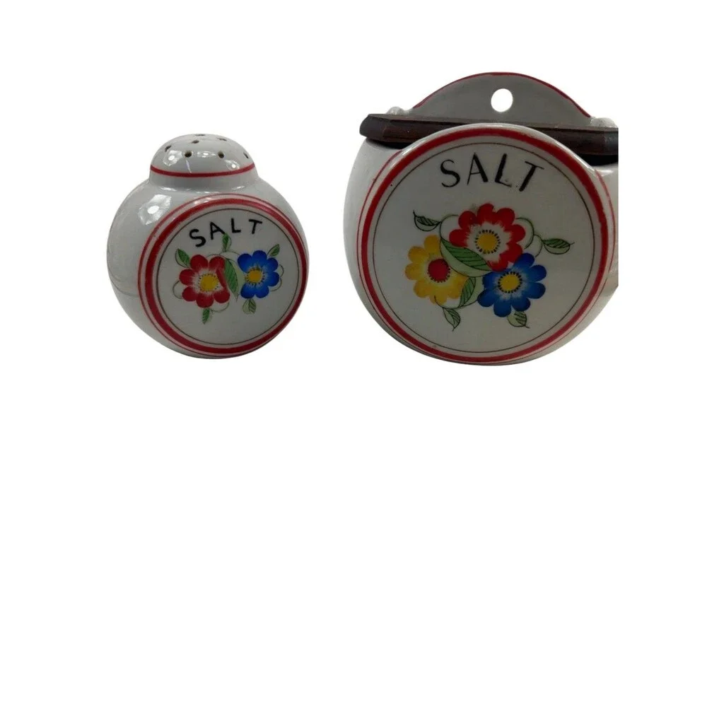 Vintage Japan Salt Box & Range Salt Shaker Floral Red Trim Wood Lid Ceramic